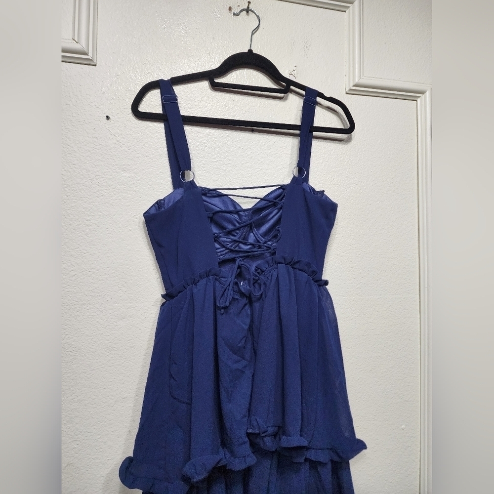 Lulus Sophisticated Occasion Navy Blue Bustier Lace-Up Maxi Dress Wedding - Picture 10 of 10